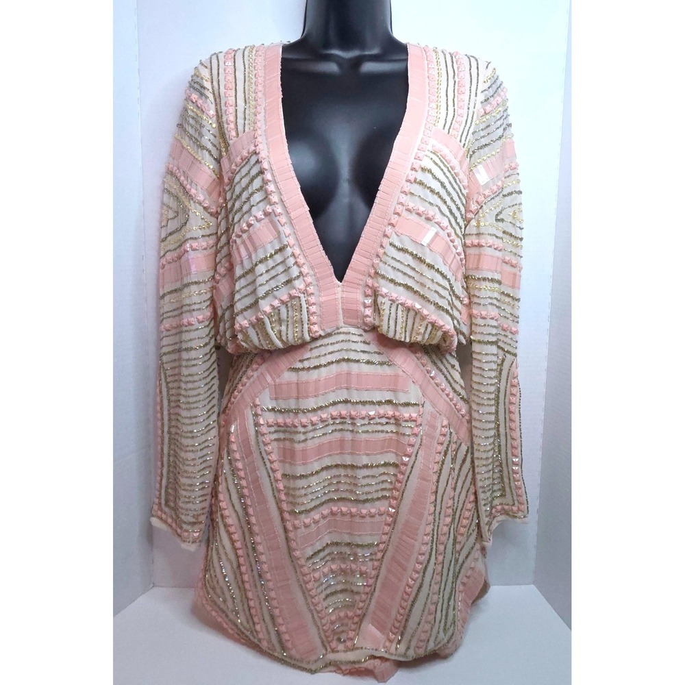 ASOS Edition Pink Gold Beaded Sequin Mini Dress Deep V-Neck Long Sleeve US 2